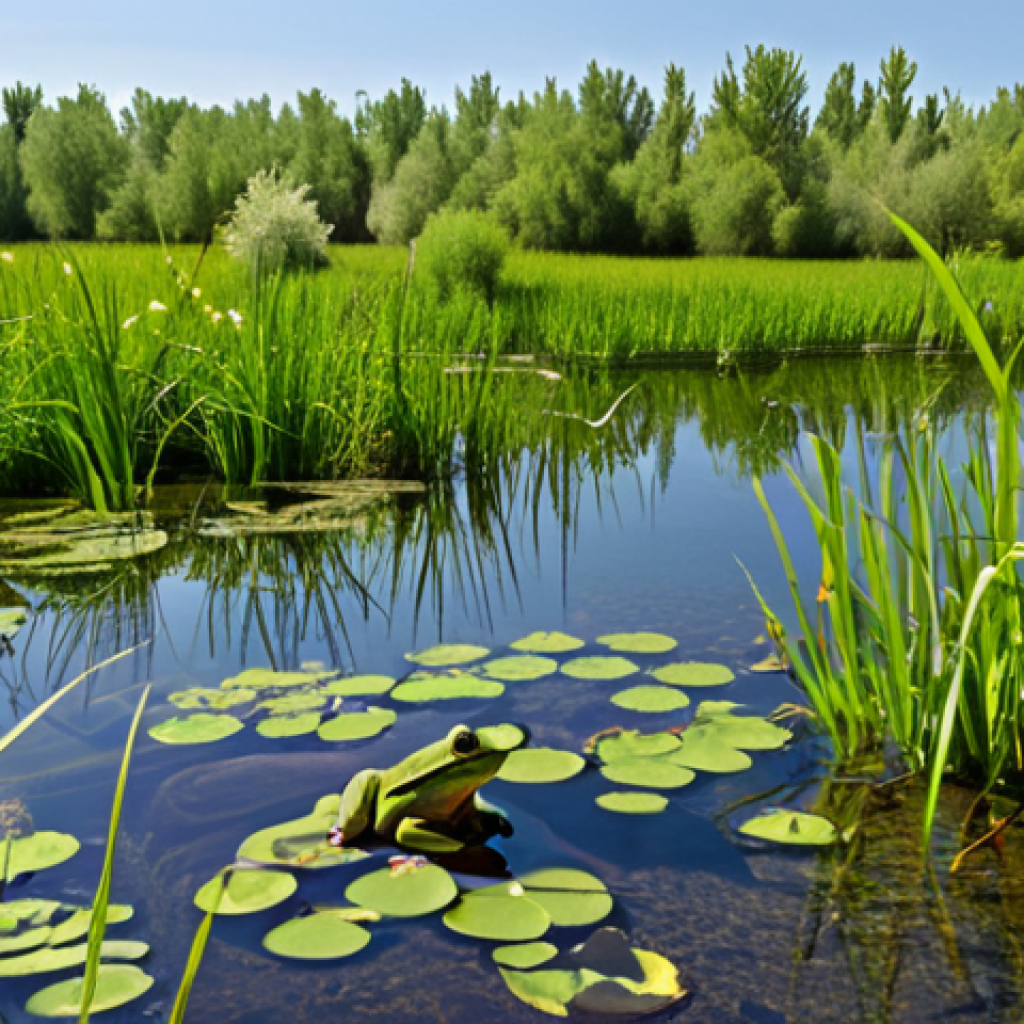**Image Prompt:** A serene wetland scene in Turkey, teeming with life. Focus on crystal-clear water reflecting the sky, surrounded by lush green reeds and diverse native plants. Show various amphibian species (frogs, newts) thriving in their natural habitat. The scene should evoke a sense of healthy ecosystem and biodiversity. Capture the beauty of nature in spring.