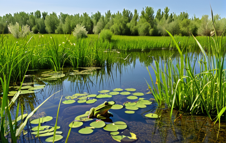**Image Prompt:** A serene wetland scene in Turkey, teeming with life. Focus on crystal-clear water reflecting the sky, surrounded by lush green reeds and diverse native plants. Show various amphibian species (frogs, newts) thriving in their natural habitat. The scene should evoke a sense of healthy ecosystem and biodiversity. Capture the beauty of nature in spring.